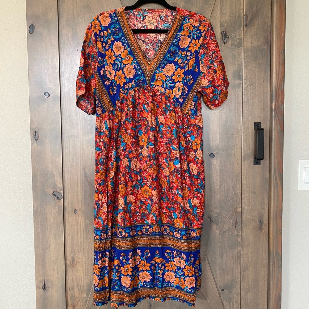 NEW! KARA AND KATE Midi Dress Flowy Boho V Neck Short Sleeve Orange Floral XXL